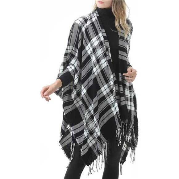 Black Plaid Printed Blanket Shawls Poncho Winter Open Front Wrap Cape Cardigan - Picture 5 of 6